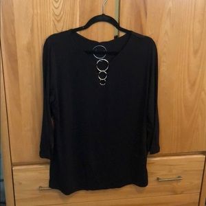Deep black pullover blouse with detailed neckline